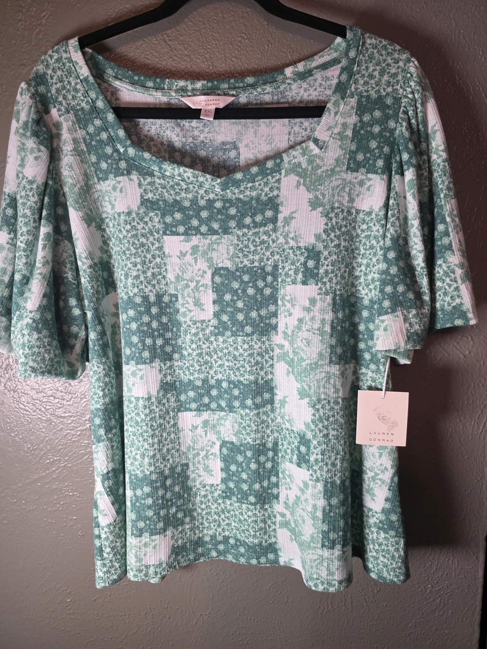 LC Lauren Conrad Green Patchwork Floral Bubble Sleeve Tee Top XXL